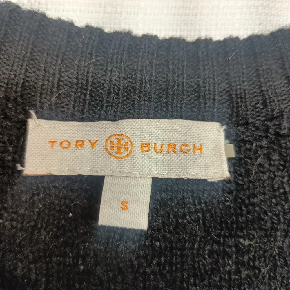 Tory Burch Black Wool Alpaca Blend Leather Buckle Keyhole Long Sweater Women's S
